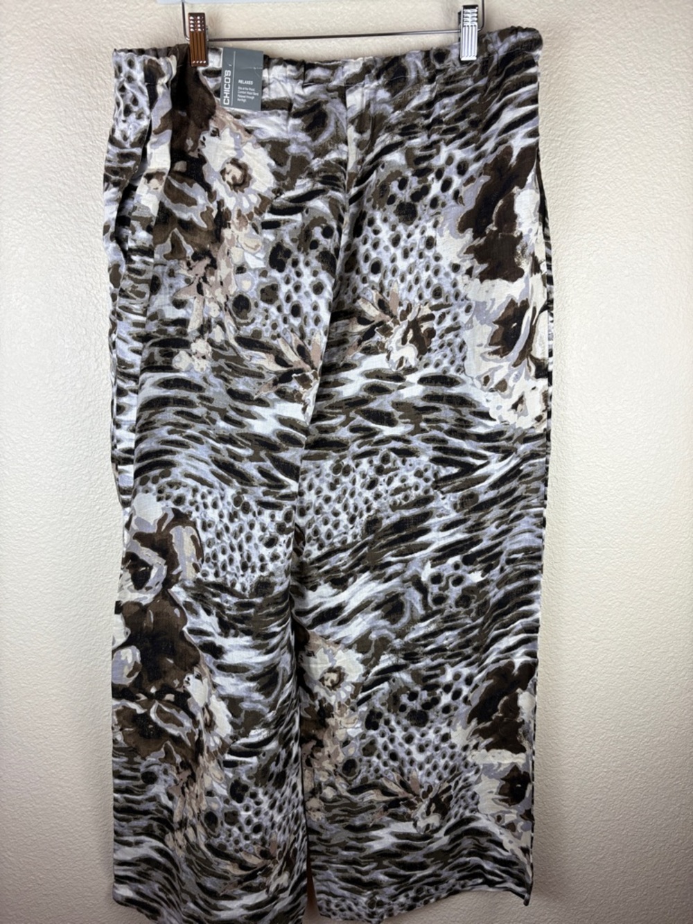 Chico's Linen Blend Leopard Print Wide Leg Pants Drawstring Elastic Waist 3/Lge